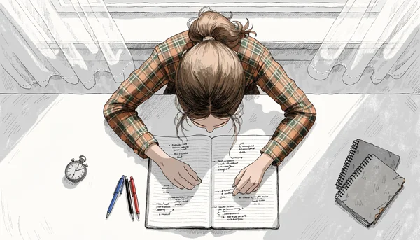 Vue en plongée d'une table de travail lumineuse avec un chronomètre, des stylos et des cahiers d'entraînement couverts de notes manuscrites pour la préparation aux concours