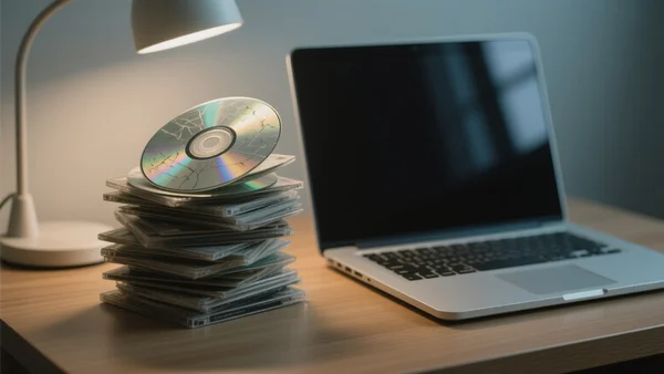 Pile de DVDs usés avec des rayures visibles sur la surface, posés à côté d'un ordinateur portable ouvert sur un écran sombre, lumière douce de bureau
