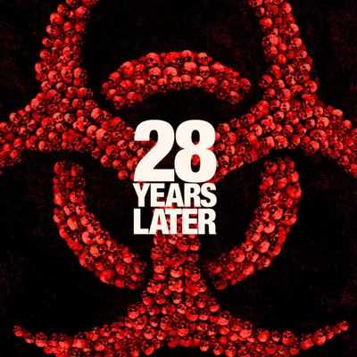 Affiche graphique de 28 Years Later avec un symbole biohazard en crânes.