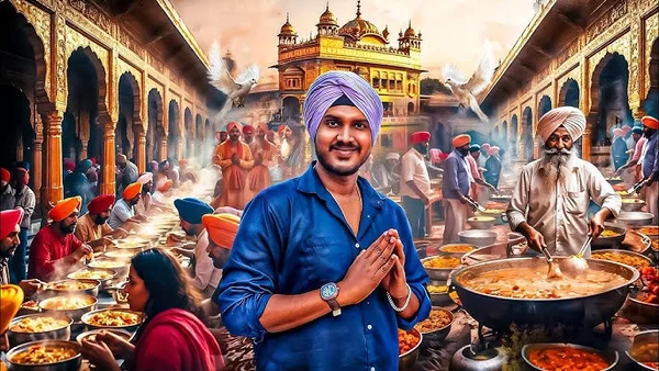 Graphique numérique vibrant d'un gurdwara sikh avec le Temple d'Or en arrière-plan et un homme en prière.