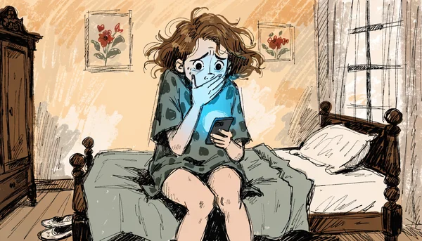 Femme assise dans une pièce sombre, seule devant un smartphone, la main sur la bouche en signe de choc et de détresse, écran diffusant une lumière bleue sur son visage