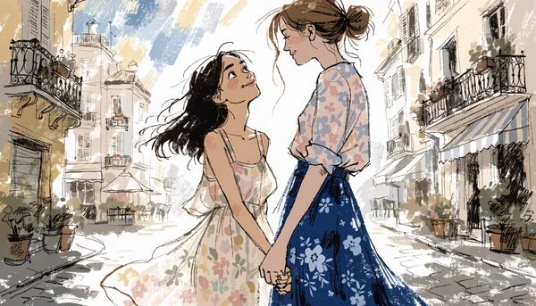 Deux jeunes femmes se tenant par la main en marchant dans une rue animée, l'une regardant l'autre avec un tendre sourire, lumière naturelle du jour