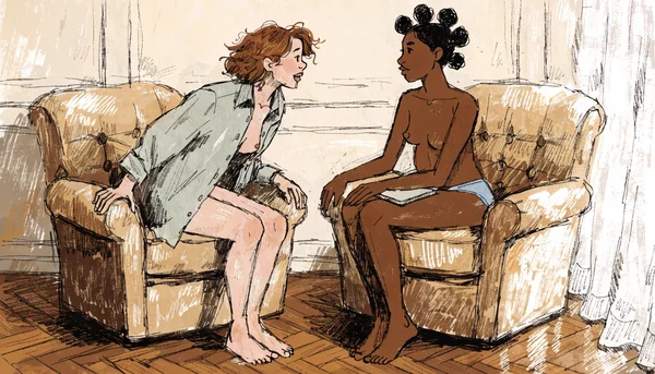 Scène de thérapie, deux personnes assises face à face dans un fauteuil, l'une parle en regardant l'autre qui écoute attentivement avec un carnet sur les genoux