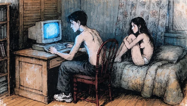 Homme seul dans la pénombre regardant intensément son écran, dos tourné à une femme assise sur le lit en arrière-plan