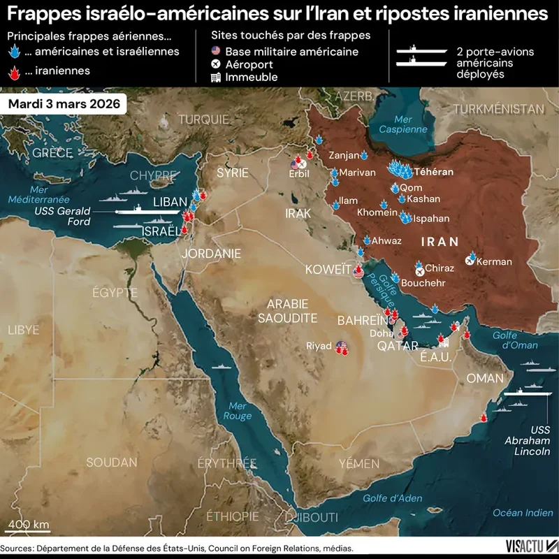 Carte des frappes israélo-américaines sur l'Iran et des ripostes iraniennes datée du 3 mars 2026