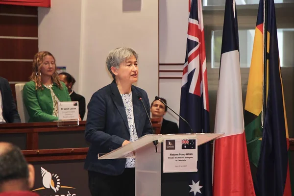 Madame Penny Wong, ministre des Affaires étrangères d'Australie, s'exprime devant les drapeaux.