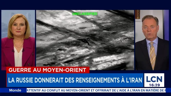 Le plateau de LCN avec le titre 'Guerre au Moyen-Orient : la Russie donnerait des renseignements à l'Iran'
