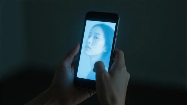 Main lumineuse d'écran de smartphone laissant entrevoir une silhouette floue d'utilisateur, reflet numérique d'une connexion constante