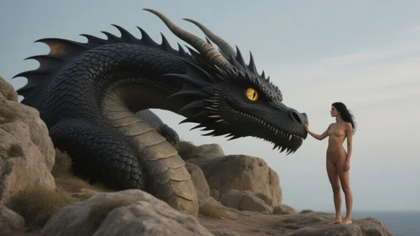 Un dragon géant aux écailles noires et aux yeux dorés est allongé sur un promontoire rocheux, une femme mince se tient à côté de lui et lui tend une main sur le museau