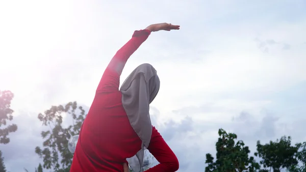 Une personne dehors, vêtue d'un haut rouge et d'un voile gris, le bras levé sous un ciel nuageux.