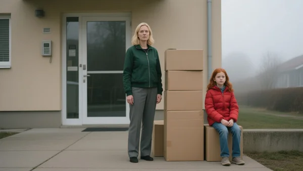 Famille avec enfants et cartons devant la porte d'un immeuble résidentiel, lumière grise de matin, scène d'expulsion locative