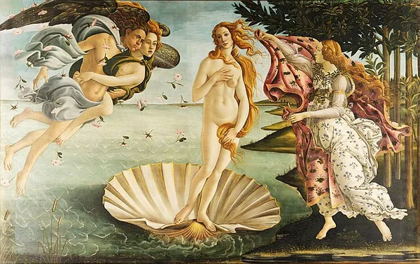 Le tableau La Naissance de Vénus de Botticelli, avec la déesse sur une coquille au milieu de l'océan.