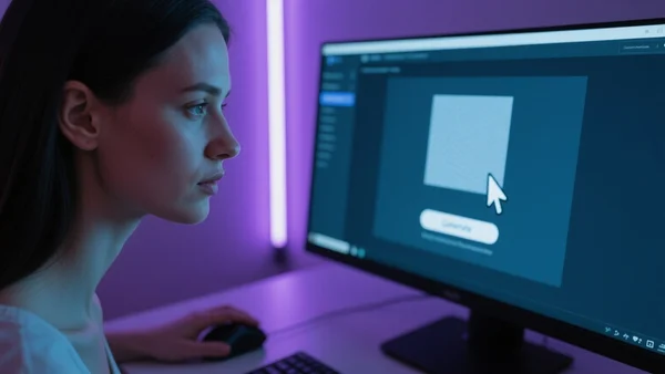 Main lumineuse devant un écran d'ordinateur affichant une interface de génération d'images par intelligence artificielle, le curseur cliquant sur un bouton générer, tons froids et néons, plan rapproché