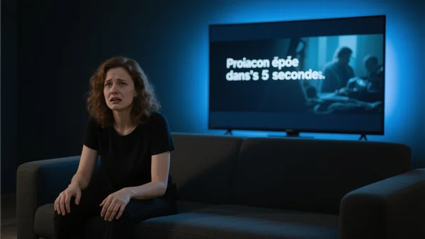 Personne seule dans un canapé, une télévision allumée en arrière-plan diffusant une série, l'écran affichant le message 'Prochain épisode dans 5 secondes', ambiance nocturne avec une lumière bleutée provenant de l'écran, expression mi-extatique mi-coupable sur le visage