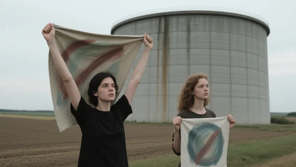 Jeunes militants brandissant des banderoles devant un immense réservoir d'eau bétonné en plein champ