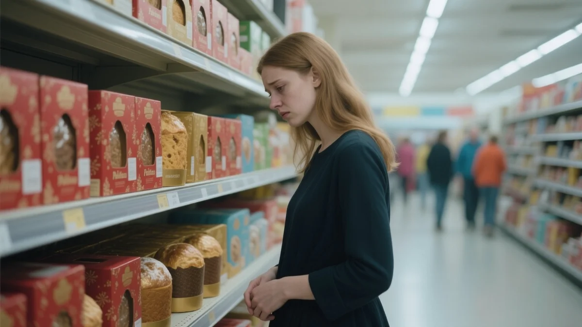 Jeune adulte debout dans une allée de supermarché, regardant des boîtes de panettone avec expression de découragement, flou de foule en arrière-plan