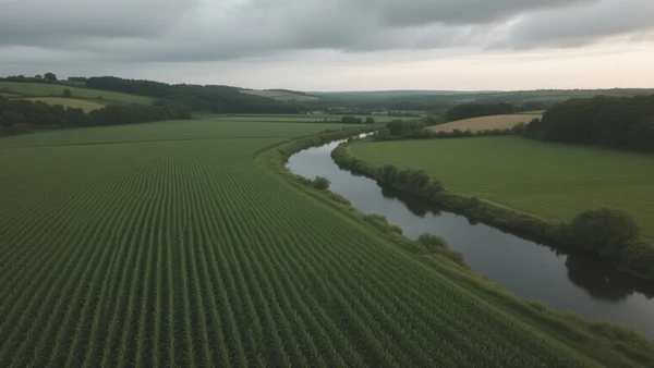 Champ de maïs vert bordé par une rivière en Bretagne, vue en plongée, ciel nuageux