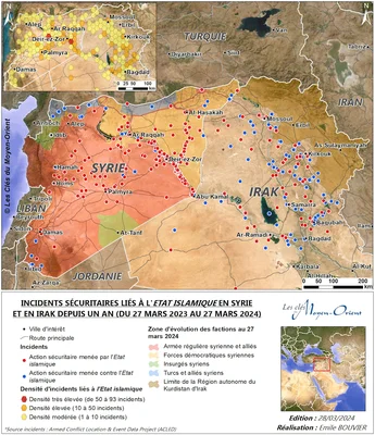 Carte des zones de contrôle et incidents de sécurité liés à l'EI en Syrie.