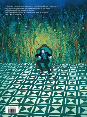 Illustration issue de Frankenstein montrant un personnage en costume assis dans un cadre forestier luxuriant.