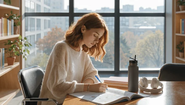 Étudiant assis à une table dans une bibliothèque moderne, rédigeant sur une copie double avec un stylo, livre de préparation du concours infirmier ouvert à côté, lumière naturelle venant d'une grande fenêtre