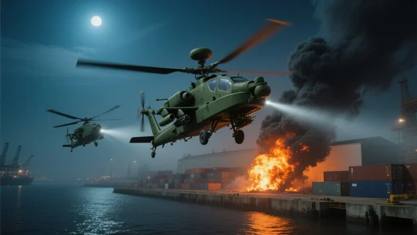 Hélicoptères de combat militaires survolant une zone portuaire industrielle de nuit avec des explosions et des fumées