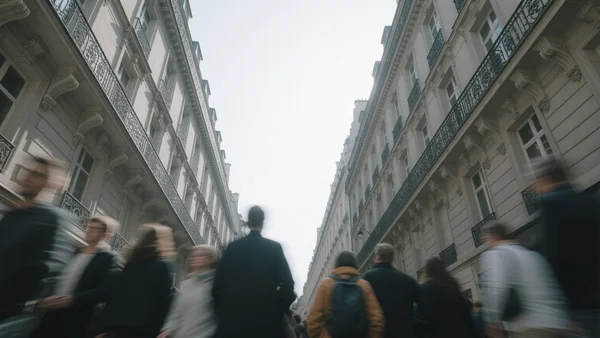 Vue en contre-plongée d'une rue parisienne avec des immeubles haussmanniens gris sous un ciel pâle, avec une foule de passants flous et pressés au premier plan