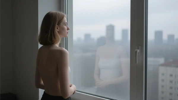 Jeune femme de 25 ans regardant par la fenêtre d'un appartement en ville, reflet pensif sur la vitre, lumière grise d'après-midi