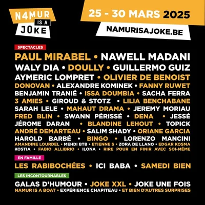 Affiche programmation de la 4ème édition prometteuse de Namur is a Joke.