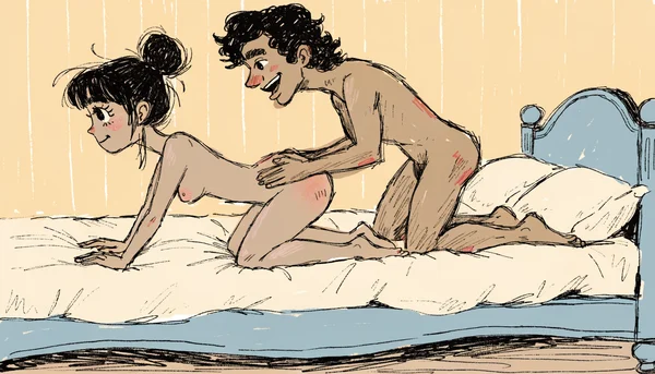 Pénétration vaginale en levrette, femme et homme totalement nus