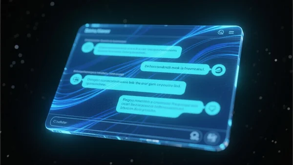Interface de chat holographique affichant des réponses texte qui se déforment lentement pour révéler des publicités cachées et des liens sponsorisés, arrière-plan sombre avec lueurs bleues