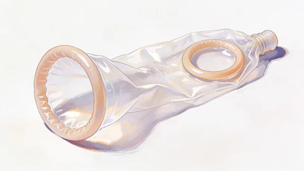 Préservatif féminin ouvert déroulé sur une surface blanche montrant ses deux anneaux souples et sa texture nitrile