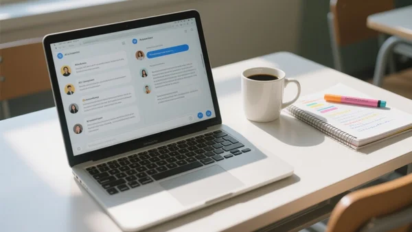 Vue rapprochée d'un ordinateur portable ouvert sur un bureau d'étudiant avec des cahiers et un café, affichant deux fenêtres de chat d'intelligence artificielle côte à côte sur l'écran, lumière naturelle du matin