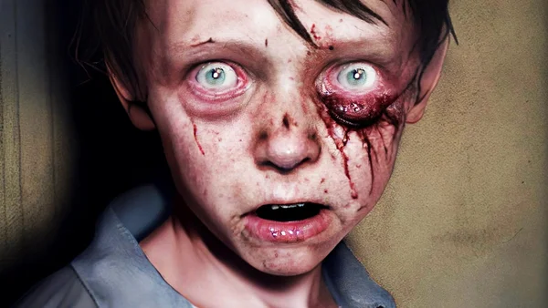 Visage pâle couvert de sang et de blessures dans une expression de terreur.