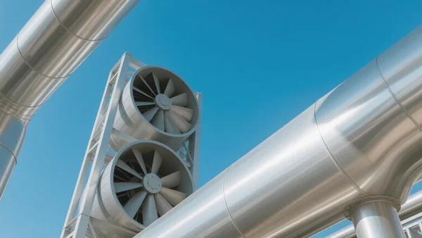Vue en contre-plongée d'une installation industrielle moderne de capture de carbone avec des pipelines métalliques et des ventilateurs géants, sous un ciel bleu clair et lumineux