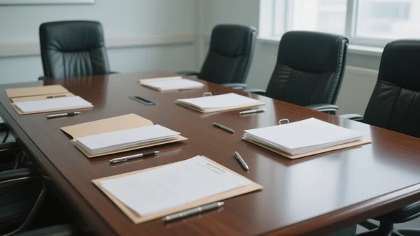 Vue rapprochée d'une table de réunion vide avec des dossiers ouverts, des stylos et des chaises repoussées dans une salle de conférence institutionnelle, lumière naturelle froide