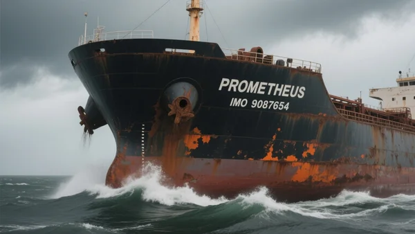 Vue rapprochée de la poupe d'un vieux pétrolier rouillé, nom du navire et numéro d'identification repeints en blanc sur la coque noire, mer agitée, ciel gris menaçant