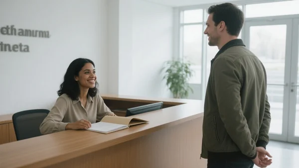 Personne assise derrière un guichet d'accueil en mairie, souriante face à un visiteur, dossier ouvert sur le comptoir, lumière naturelle venant d'une grande baie vitrée