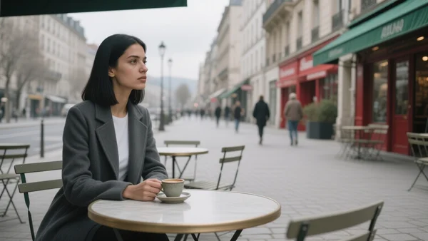Jeune femme assise seule à une table de café en terrasse, regard perdu vers le passant d'une grande ville animée, lumière grise d'après-midi urbaine