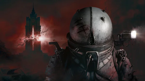 Illustration d'un personnage casqué devant une tour illuminée sur fond sombre.