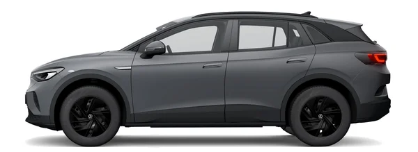 Un SUV 100 % électrique Volkswagen ID.4 gris, présenté de profil sur un fond blanc.