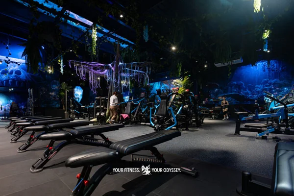Ambiance jungle et éclairage bleu dans une salle de sport immersive près de Toulouse.