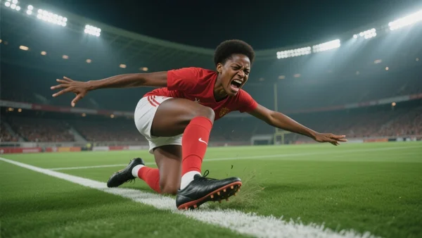 Joueuse de football féminin en train de chuter brutalement sur un terrain, le pied bloqué au sol dans la position exacte de la rupture du ligament croisé, genou qui s'inverse vers l'intérieur