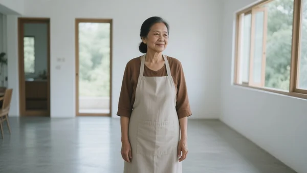Portrait d'une femme indonésienne d'âge moyen, expression sereine et digne, vêtue d'un tablier simple, debout dans une pièce lumineuse et aérée d'une maison indonésienne moderne