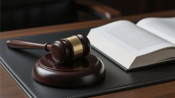 Vue rapprochée d'un marteau de juge en bois posé sur un bureau sombre à côté d'un code pénal ouvert, éclairage solennel et contrasté