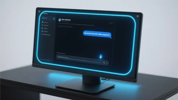 Interface utilisateur d'écran d'ordinateur montrant une fenêtre de chat avec le curseur clignotant, le texte décrit une demande de génération de vidéo futuriste, éclairage bleu néon et ambiance technologique