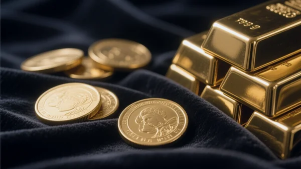 Gros plan sur des pièces de monnaie en or brillant et des lingots d'or empilés sur un fond sombre et luxueux, éclairage contrasté