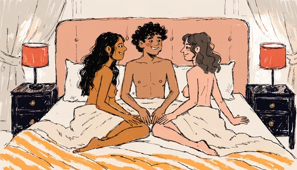 Trois personnes nues dans une chambre, en position de conversation avant l'acte, assises sur les bords du lit face à face