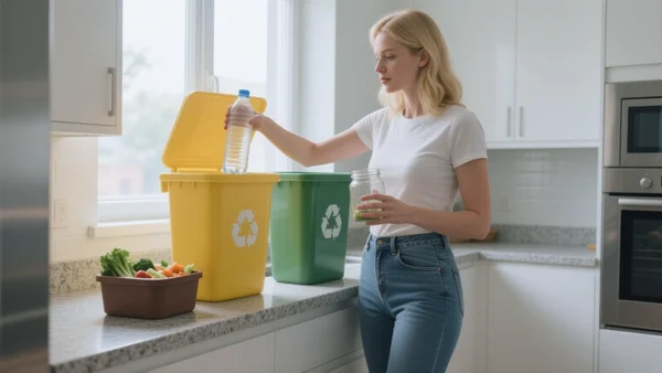 Personne debout dans une cuisine moderne et ensoleillée, séparant les emballages dans trois bacs de tri distincts : un bac jaune pour les plastiques, un bac vert pour le verre et un petit bac à compost sur le plan de travail