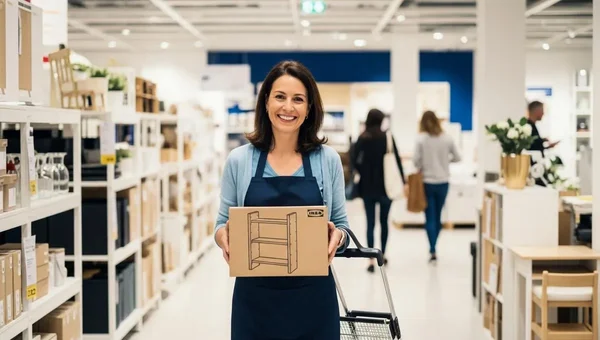 Une employée IKEA tenant un emballage de meuble en kit dans un magasin.