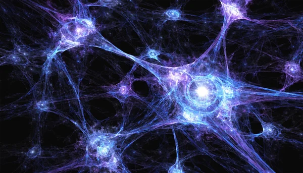 Premier plan abstrait de réseaux de neurones lumineux se connectant dans un espace sombre, fils de lumière bleus et violets, ambiance technologique futuriste